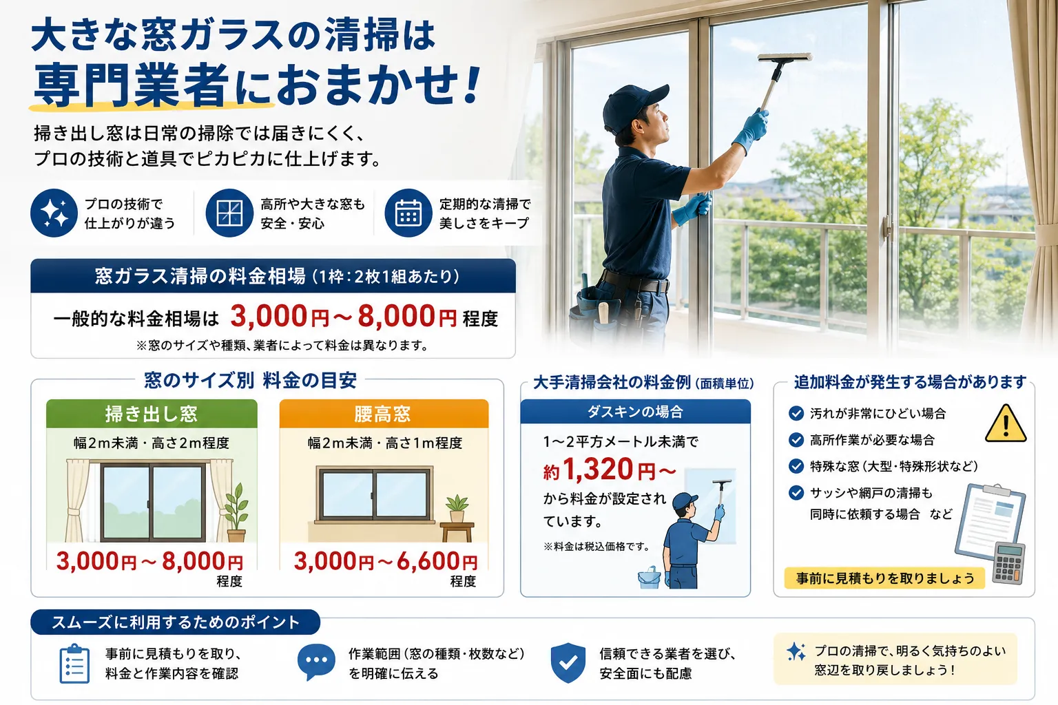大きな掃き出し窓の清掃費用と技術